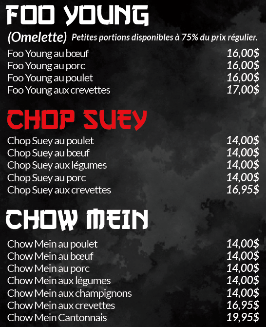 foo young au boeuf, foo young crevettes, chop suey crevettes, chop suey au poulet